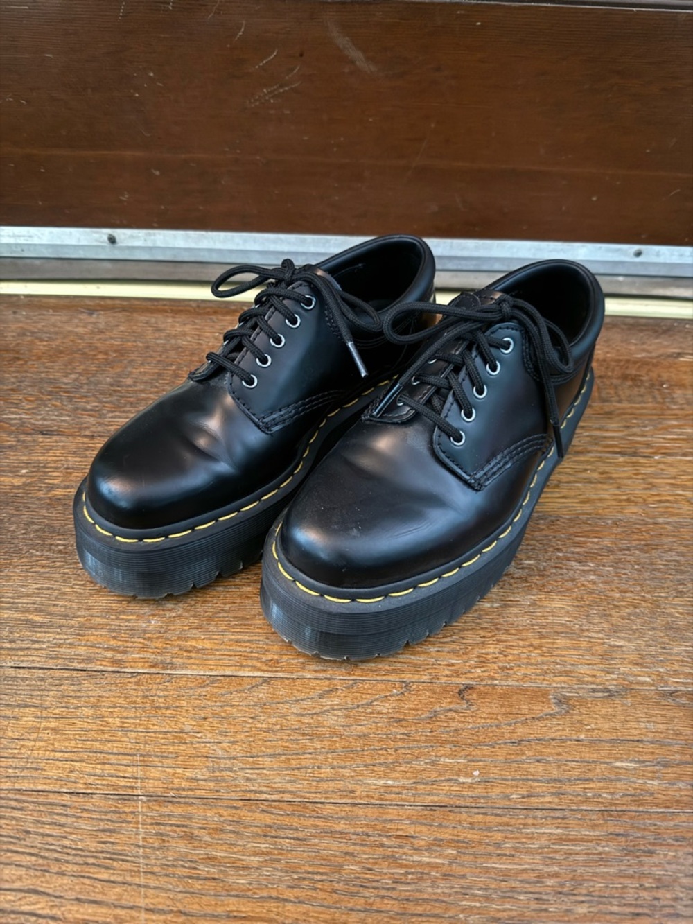 Dr. Martens Black Leather Platform Lace-Up Oxfords with Yellow Stitching